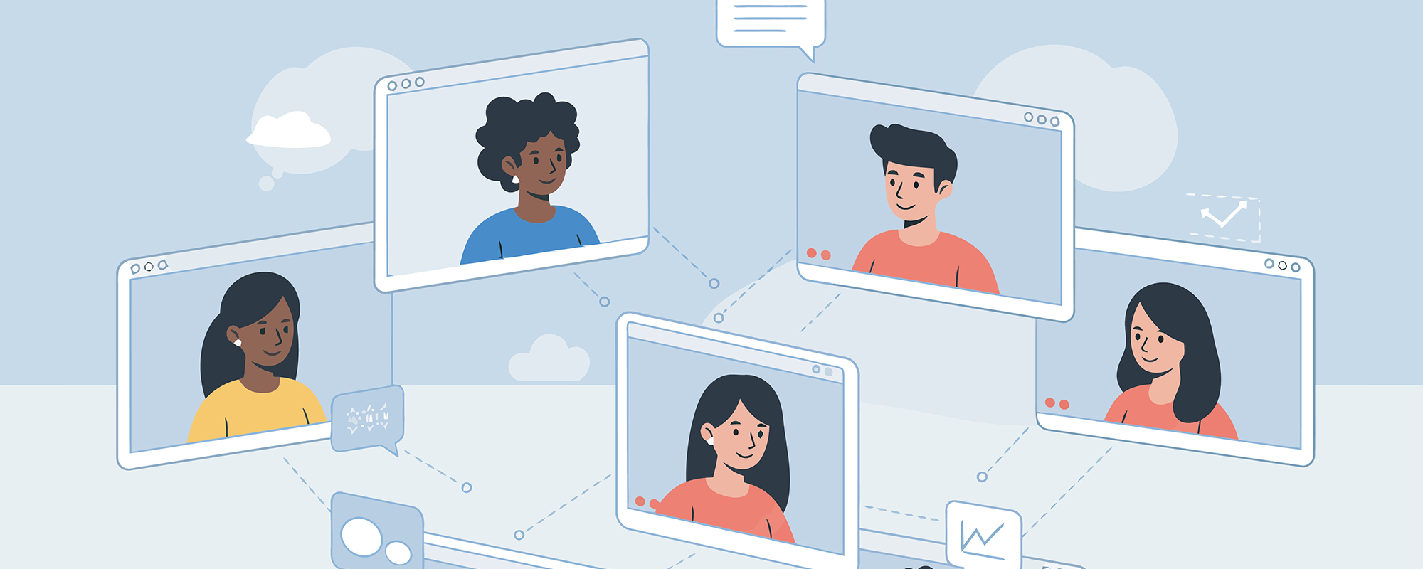 Symbolbild für digitale Kollaborationstools im Büro: Eine Grafik zeigt fünf Kollegen, die über ein Online-Meeting-Tool in einer Videokonferenz virtuell vernetzt zusammenarbeiten.